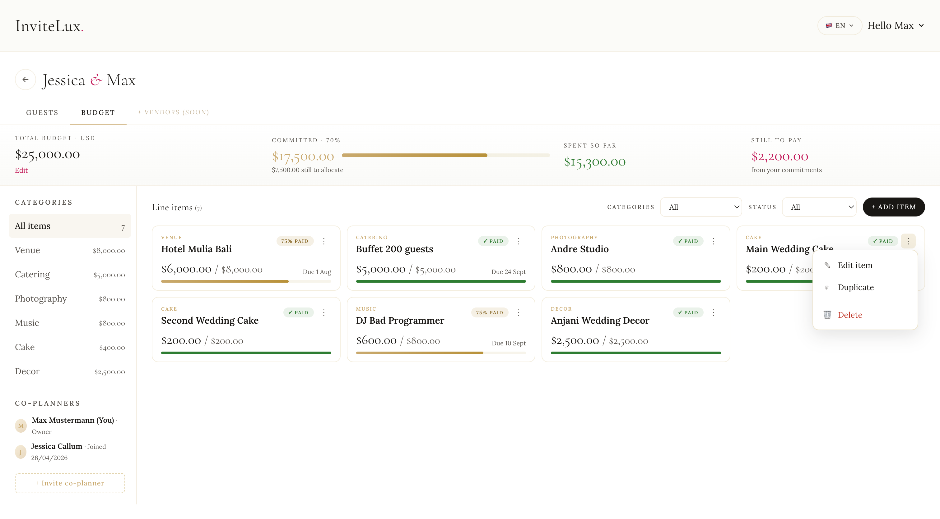Wedding budget tracker dashboard